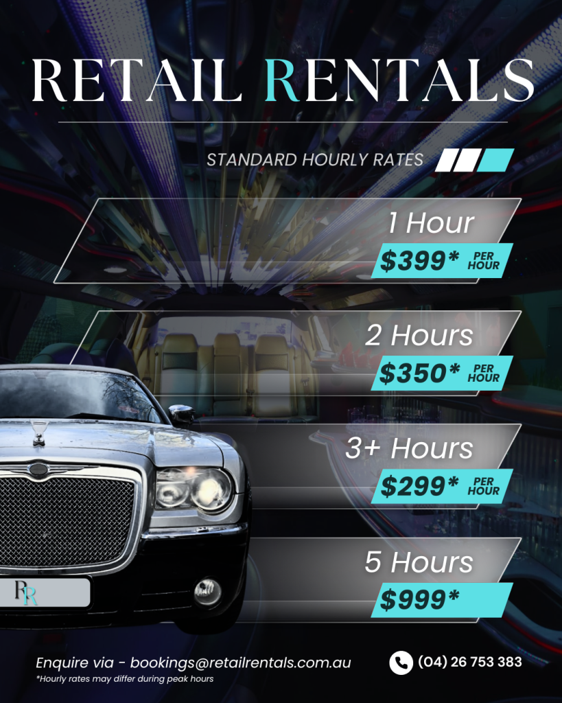 Limo Rental Pricing; 1 hour for $399, 2 hours for $350 per hour, 3 or 4 hours for $299 per hour, 5 hours for $999 total